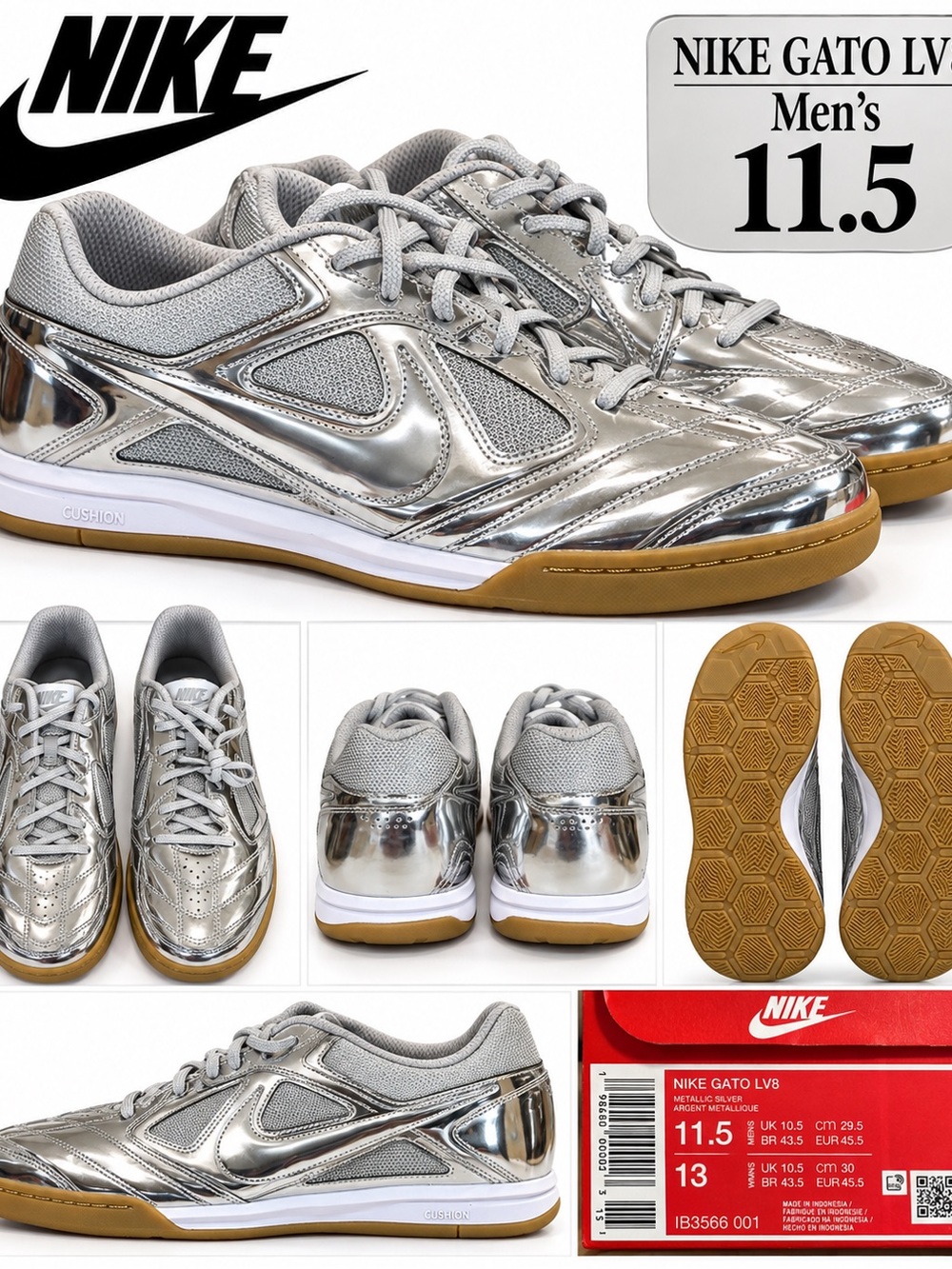 Nike Gato LV8 Metallic Silver Indoor Sneakers with Gum Outsole